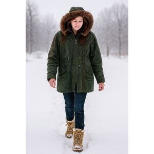 Apogee Women M Dark Green Leather Faux Fur Trim Hooded Snakeskin Pattern Jacket